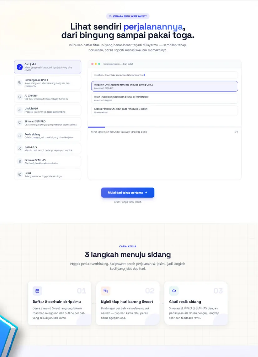 Skripsweet landing page, journey and three steps