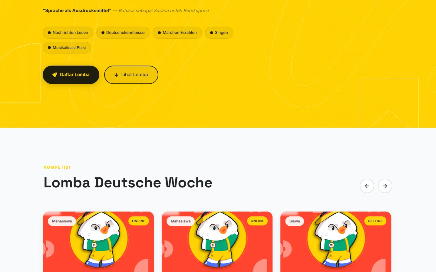 The Deutsche Woche XXVIII hero: the theme "Sprache als Ausdrucksmittel" on a bright yellow field with competition category chips and registration actions, above the competition cards.