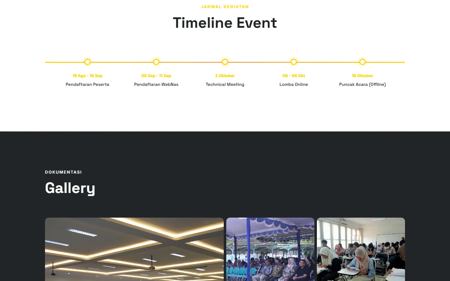 The event timeline — participant registration, extended registration, technical meeting, online competition, offline finale — as five dated points on a single line, above the gallery.
