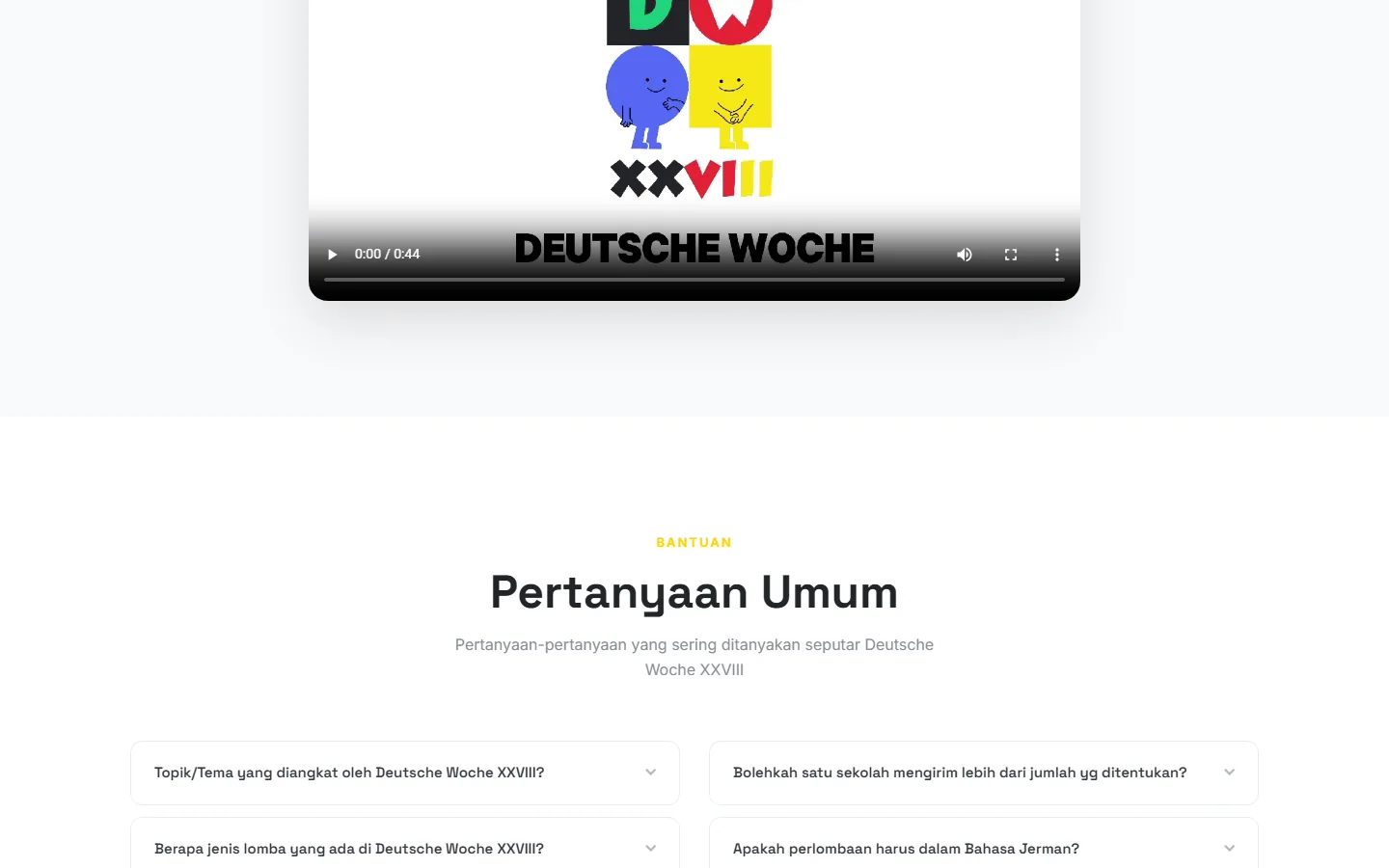 The event teaser video in a player, above the "Pertanyaan Umum" section of frequently asked questions.