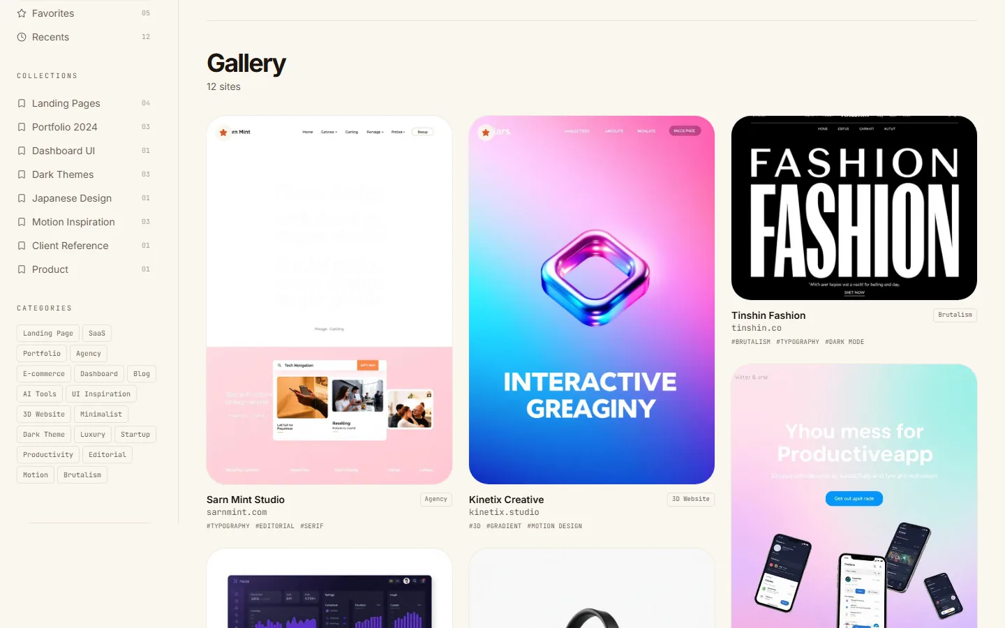 The InspireVault library: a sidebar of collections and categories beside a counted gallery of saved sites, each card showing the page itself with its source and tags.