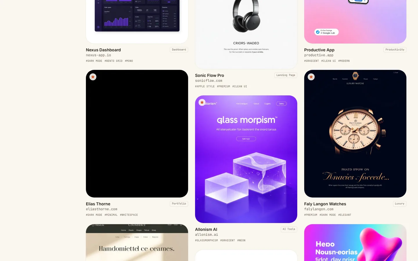 More of the gallery — dashboards, headphone product pages, glass-morphism studies, a watch brand — laid out as a masonry grid of thumbnails.