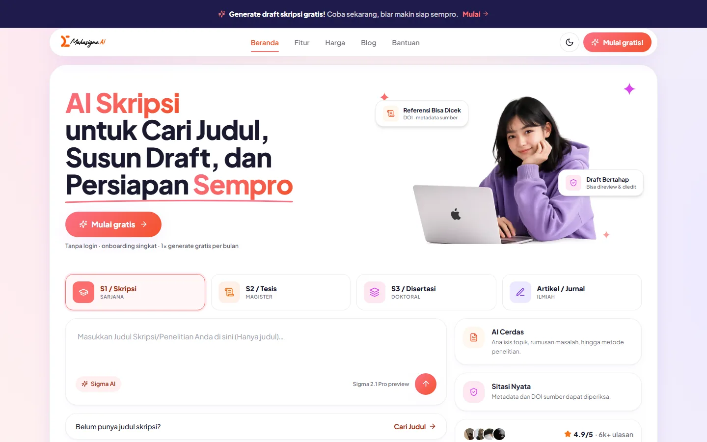 The Mahasigma AI homepage: "AI Skripsi untuk Cari Judul, Susun Draft, dan Persiapan Sempro" beside a photograph of a student at a laptop, above tabs for undergraduate, master’s, doctoral and journal work and a field for pasting a research title.