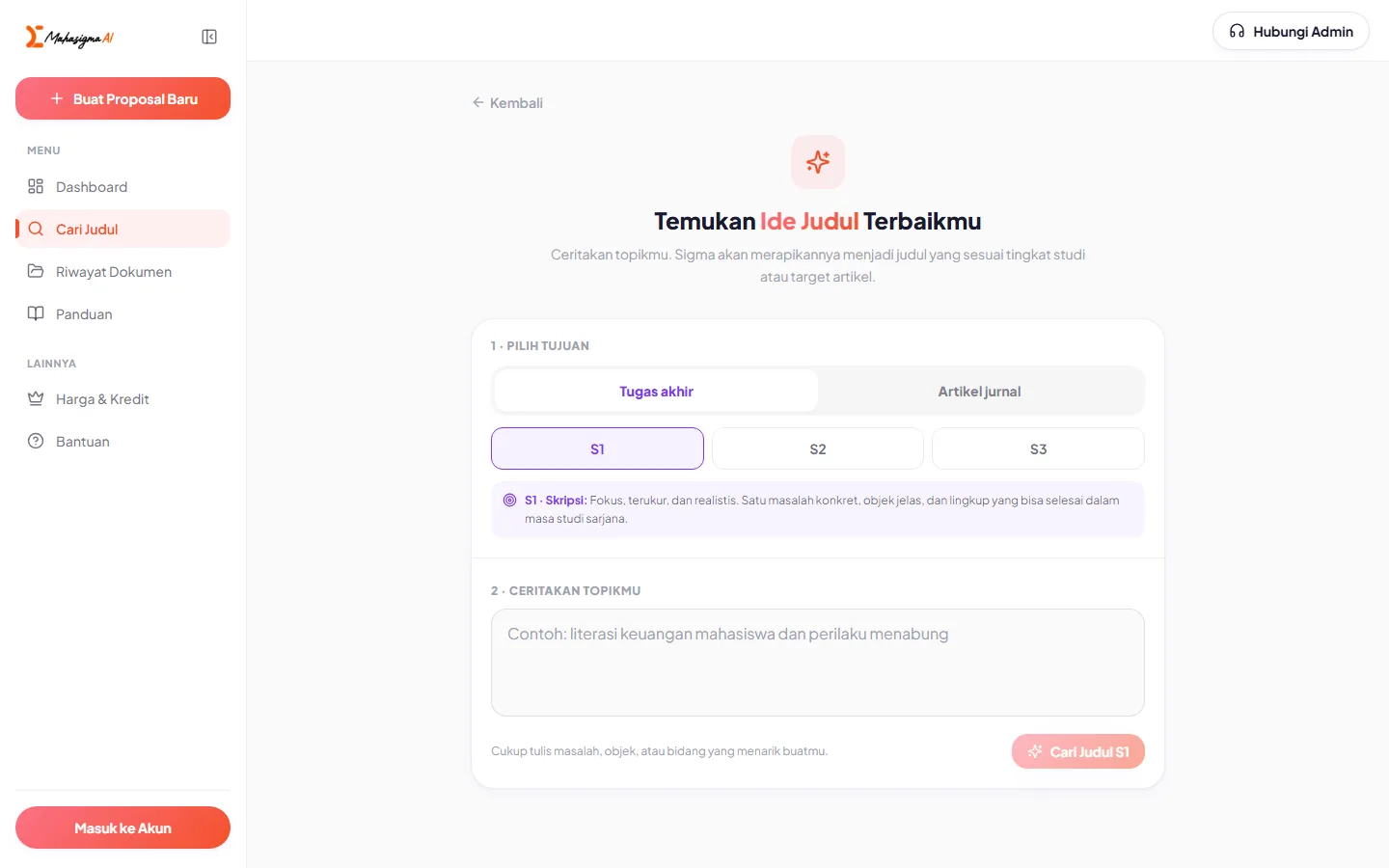 The "Temukan Ide Judul Terbaikku" screen: a purpose toggle between final project and journal article, a degree-level row of S1, S2 and S3, and a free-text field for describing the topic.