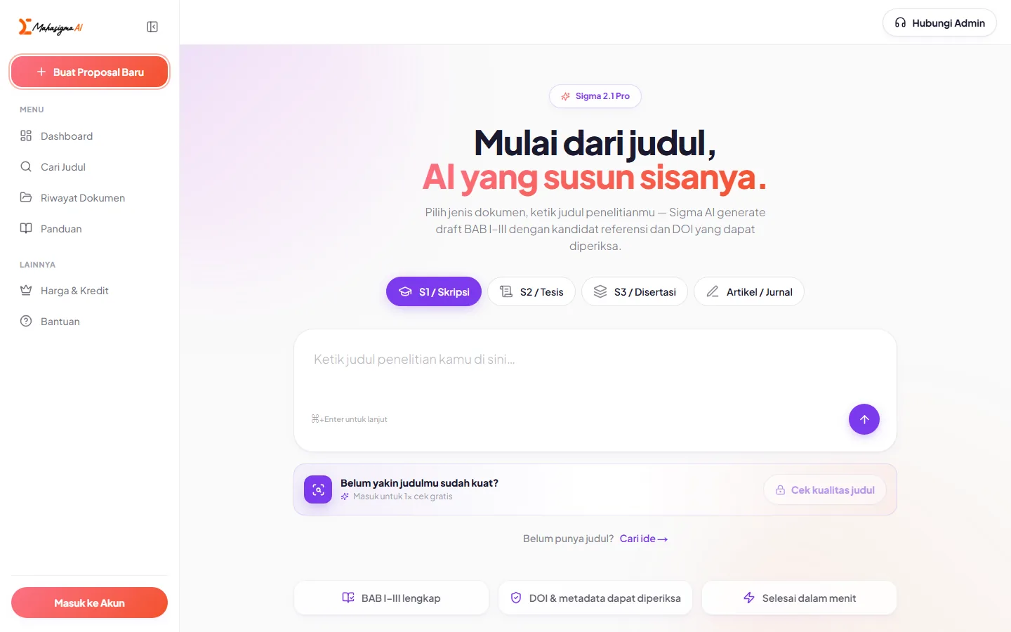 The drafting screen — "Mulai dari judul, AI yang susun sisanya" — with a title field, document-type chips, and status markers reading chapters I–III generated and DOI metadata checkable.