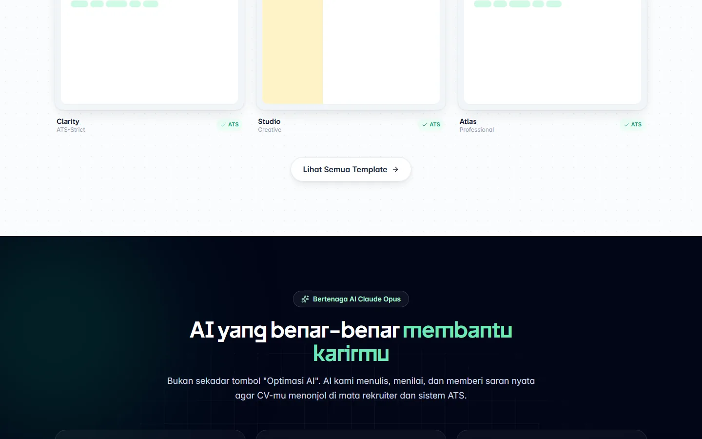 A row of ATS-checked template previews above a dark band reading "AI yang benar-benar membantu karirmu".