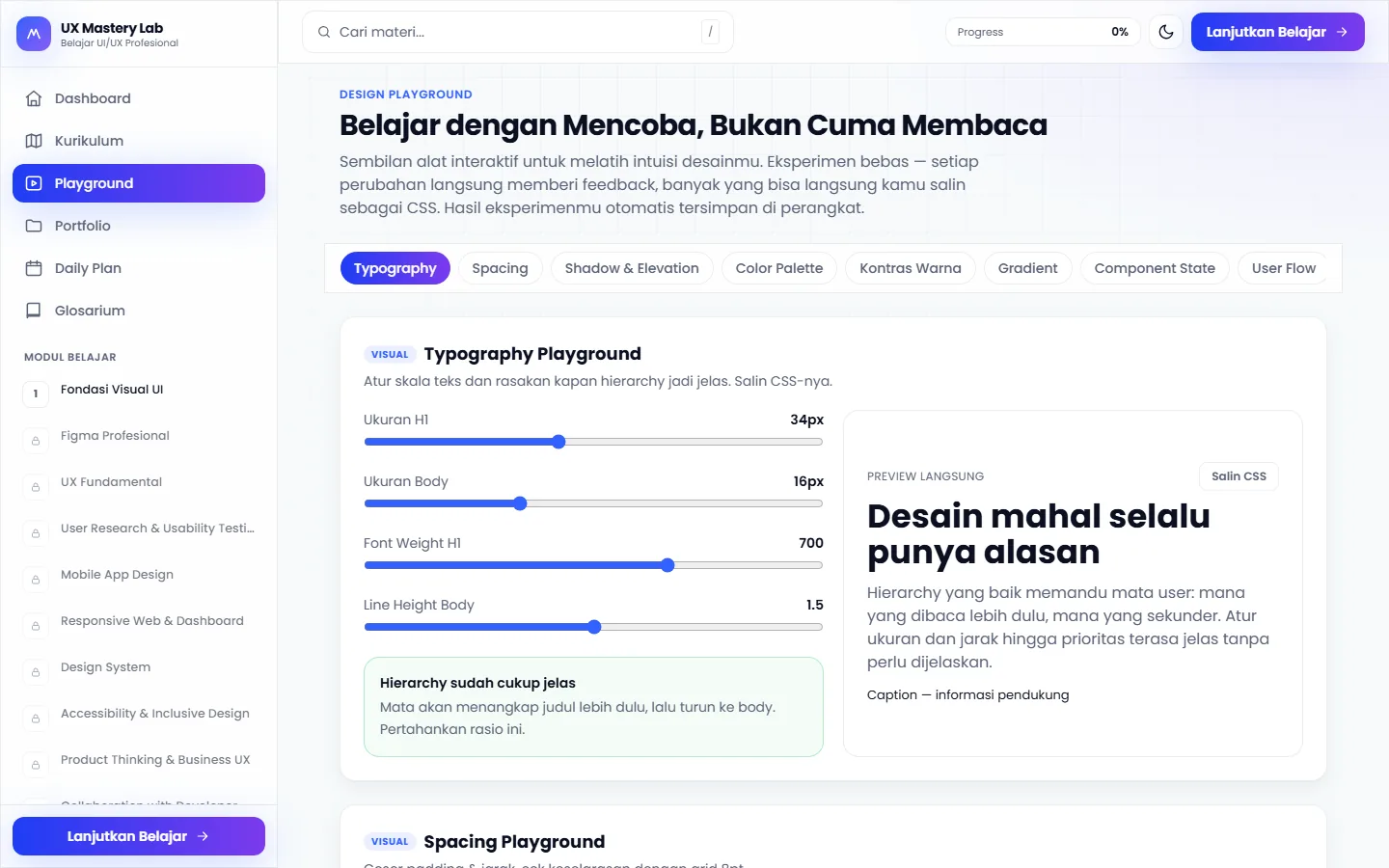 The typography playground: live sliders for heading size, body size, font weight and line height, with the specimen text re-rendering beside them and the resulting CSS shown underneath.