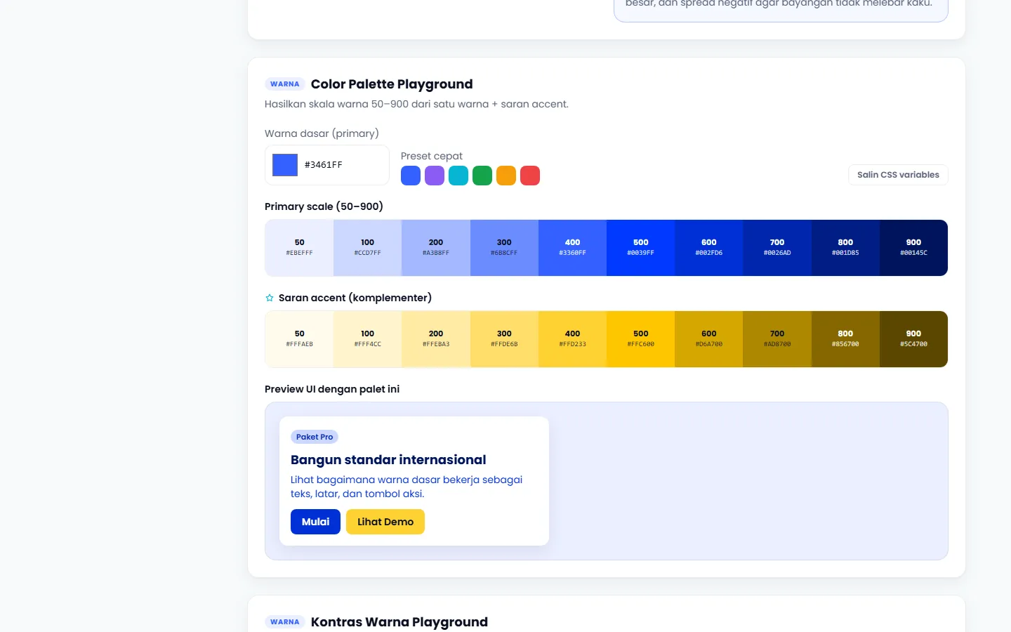 The colour palette playground: a base colour picker generating a 50-to-900 primary ramp and a complementary accent ramp, with a preview card rendered in the result.
