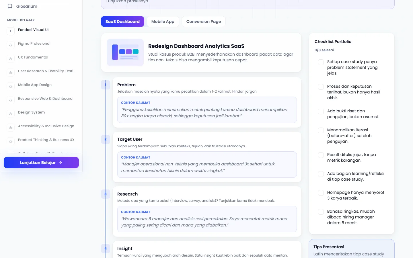 A portfolio case-study template: prompts for problem, target user, research and insight down the centre, with a checklist of what a portfolio piece needs on the right.
