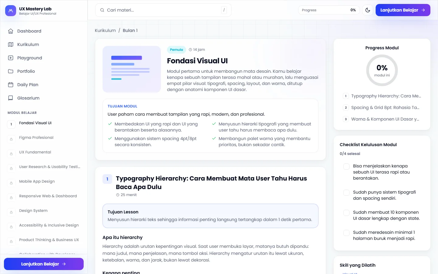 A lesson page for Fondasi Visual UI: learning objectives on the left, a module progress ring and a completion checklist on the right.