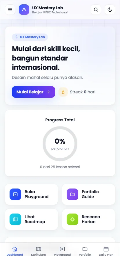 The dashboard at phone width: the same panel, progress ring and shortcut buttons stacked into a single column with a bottom tab bar.