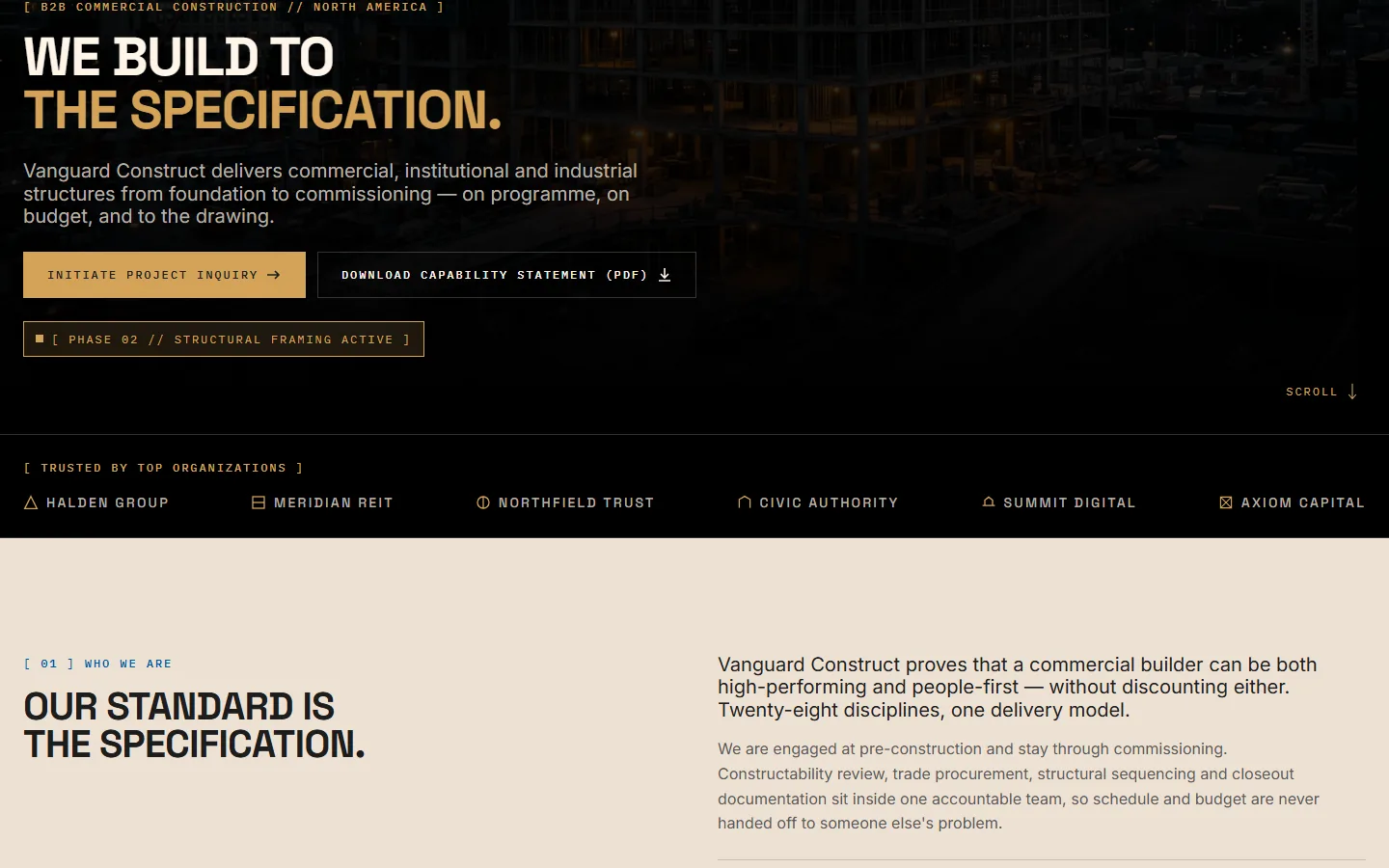 The Vanguard Construct homepage: "WE BUILD TO THE SPECIFICATION." over a dusk photograph of a high-rise under construction, with a project inquiry action, a capability statement download, a live phase marker, and a row of client organisations beneath.