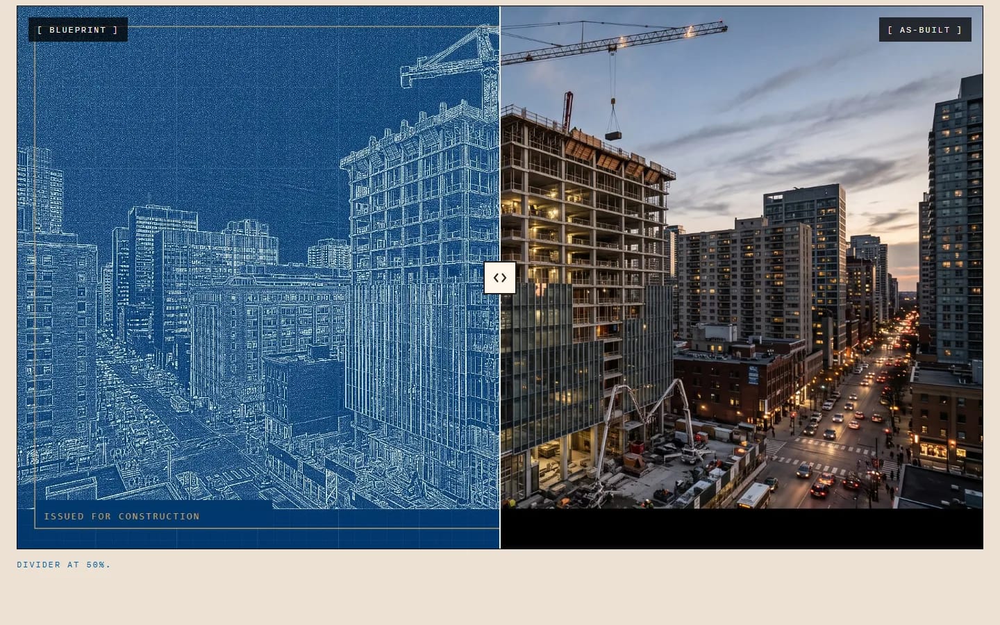 The blueprint-to-reality comparison: a draggable divider between an issued-for-construction drawing set rendered in blue and a photograph of the delivered tower, with the handle mid-frame.