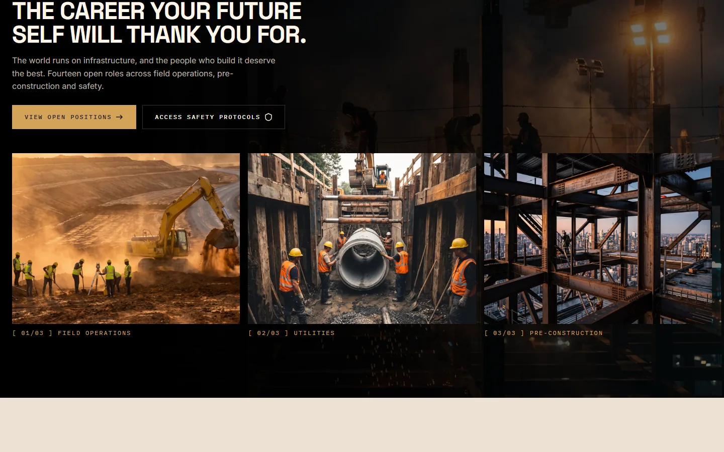 The careers section — "THE CAREER YOUR FUTURE SELF WILL THANK YOU FOR." — with open-positions and safety-protocol actions above three photographs of field operations, utilities and pre-construction work.