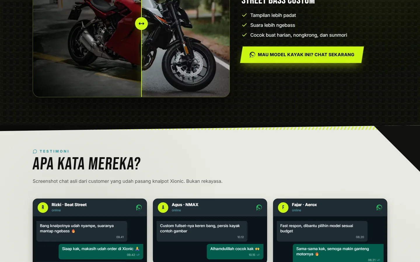 A before-and-after comparison of a motorcycle with the stock exhaust and with a Xionic Street Bass fitted, listing what changes, above the customer testimonial section.