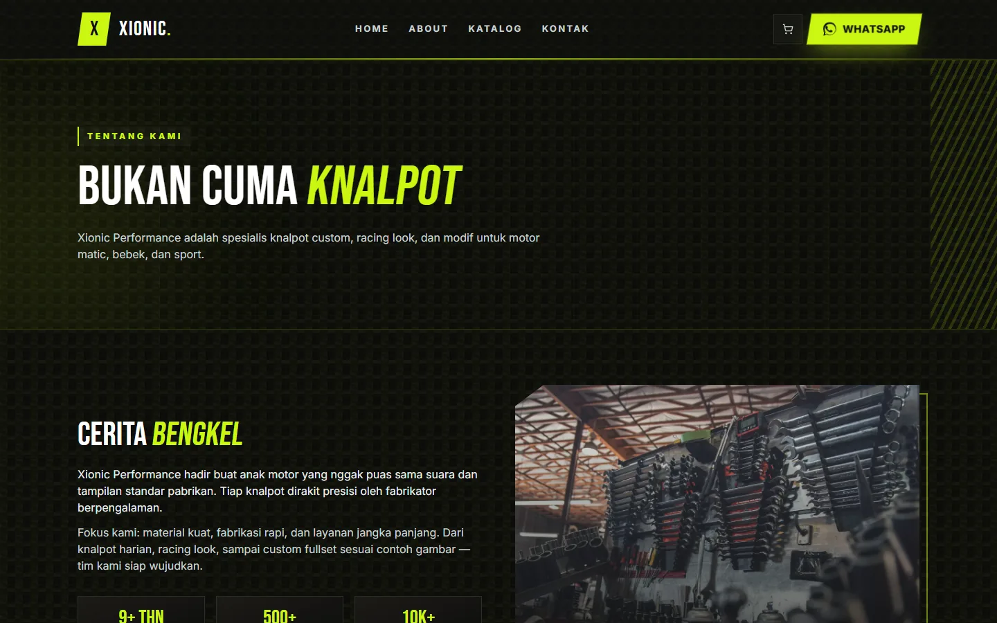The about page: "Bukan cuma knalpot" over the workshop’s own story, beside a photograph of the fabrication shop, above counters for years trading, orders and reach.