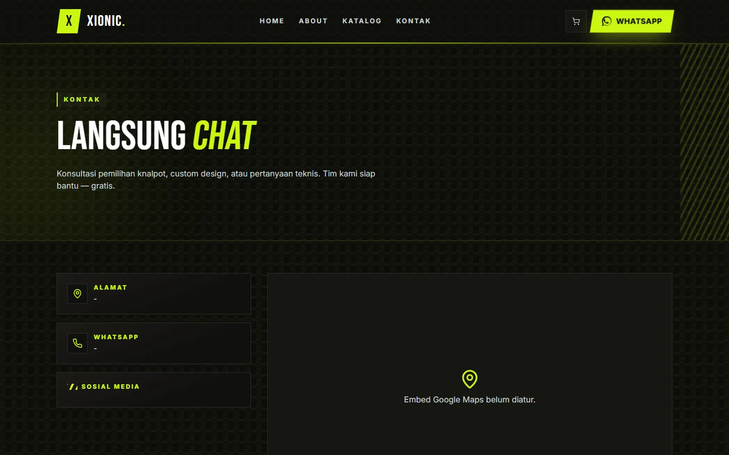 The contact page — address, WhatsApp and social links — set in the same lime-on-black identity.