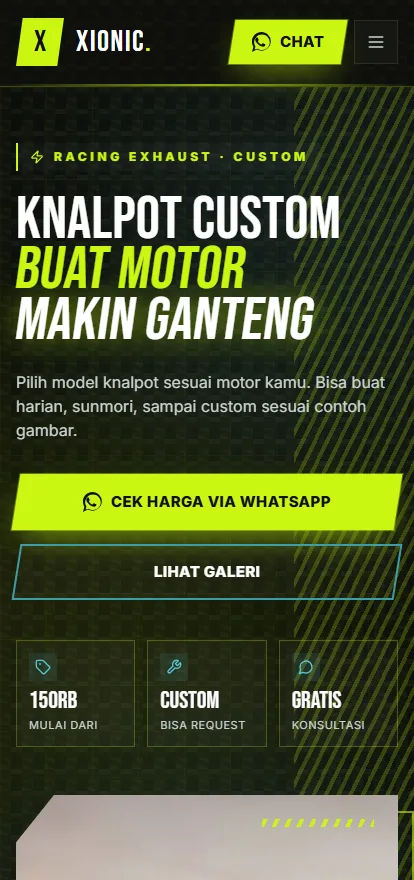 The storefront at phone width: the custom exhaust promise, a WhatsApp price-check button, a gallery link, and the starting price and free-consultation markers.