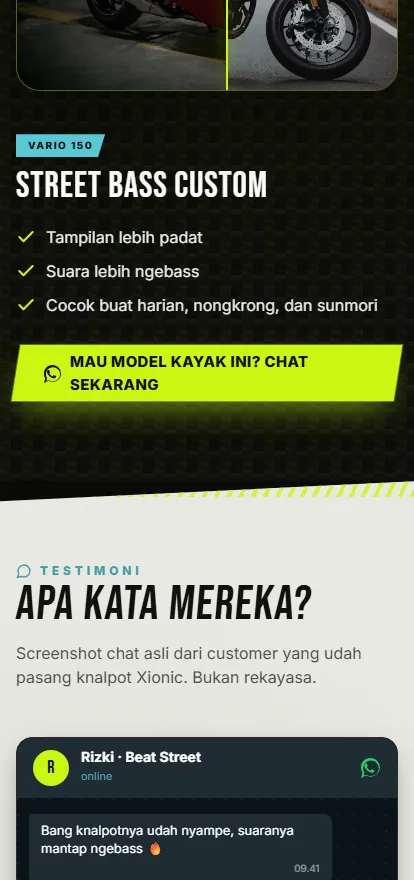 The before-and-after comparison and customer chat screenshots at phone width.