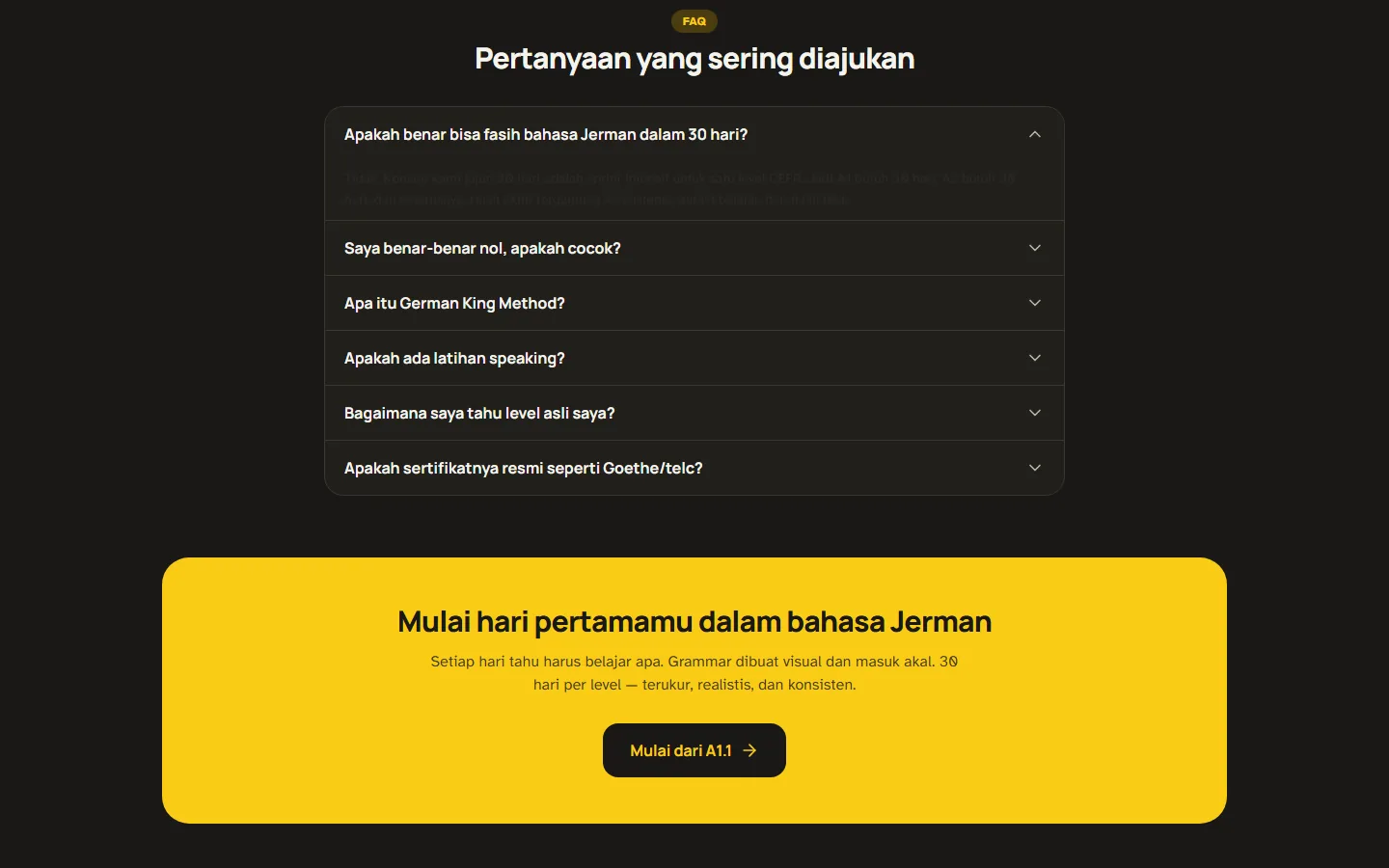 The FAQ — whether real fluency in thirty days is possible, what the German King Method is, whether the certificate is Goethe-recognised — above a yellow panel inviting the reader to start at A1.