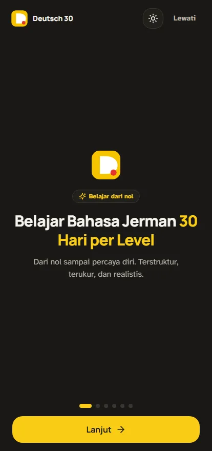 The product at phone width: the thirty-day-per-level promise on a dark screen with a level badge and a Lanjut button.