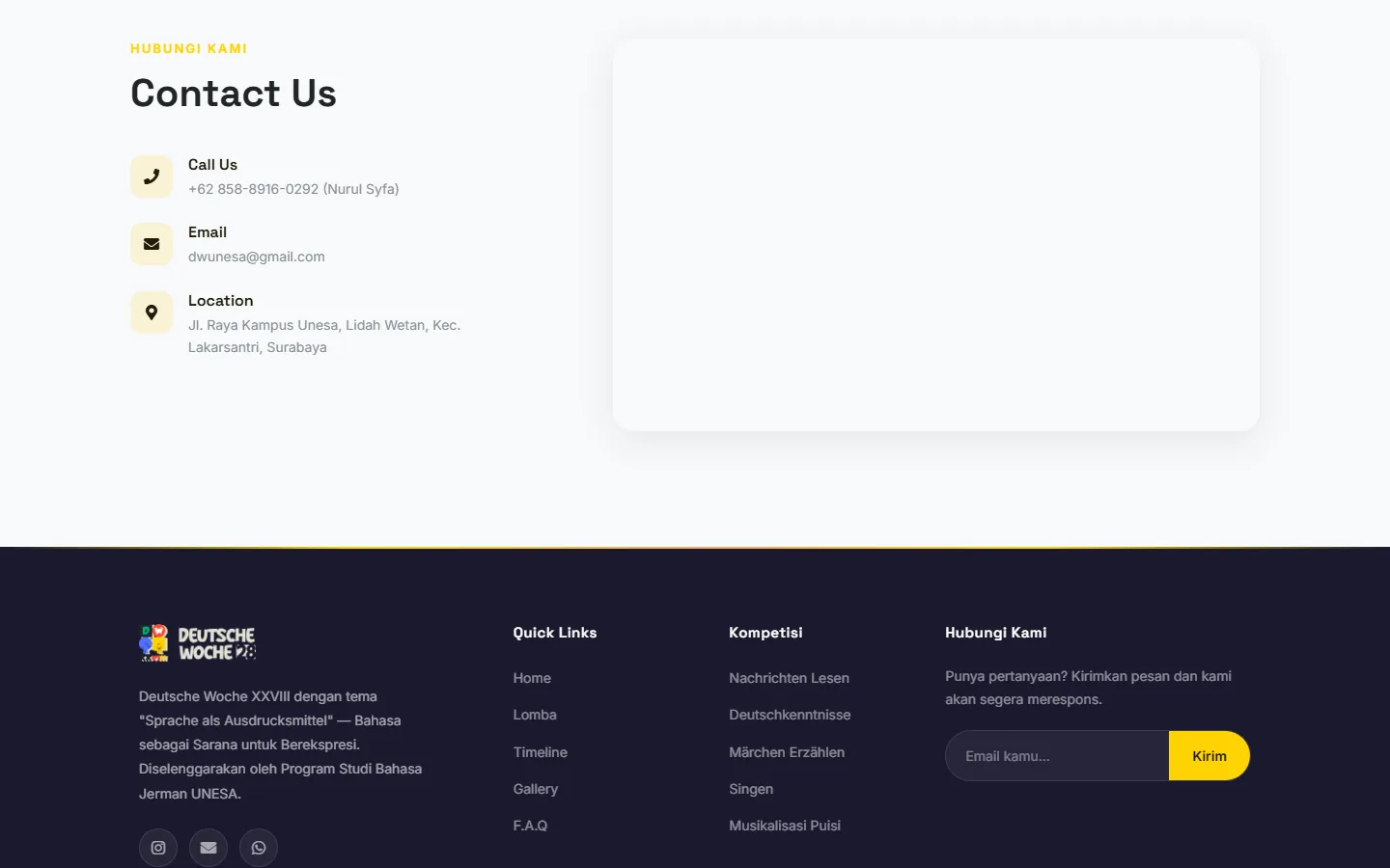 The contact section — phone, email and the UNESA campus address — above a footer carrying the competition list and a subscribe field.