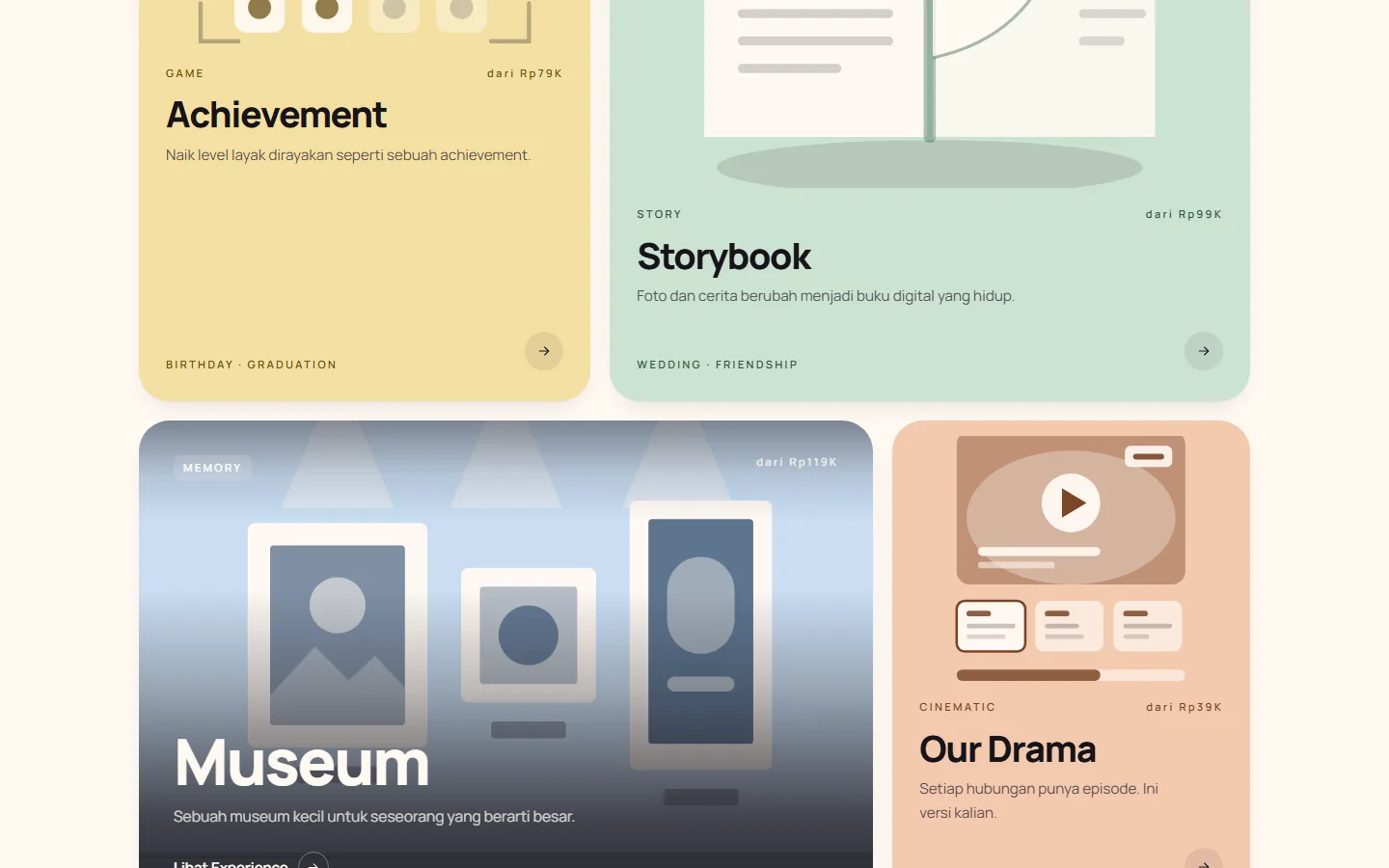 The remaining four worlds — Achievement, Storybook, Museum and Our Drama — each card carrying the occasion it suits, a starting price, and its own visual treatment.