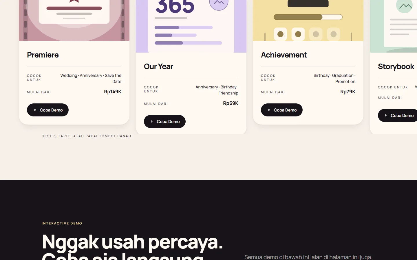 A comparison strip of all six worlds with what each is for, its starting price and a "Coba Demo" button, above a dark band reading "Nggak usah percaya. Coba aja langsung." and a note that every demo runs on this page.