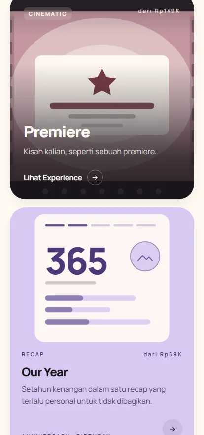 The world cards at phone width, Premiere and Our Year stacked full-width with their prices and actions.