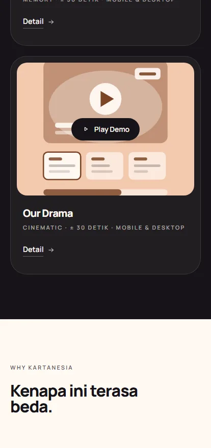 The playable demo list at phone width, each world showing its format, run time and a Play Demo control.