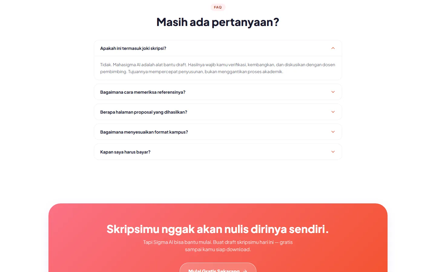 The FAQ — whether the output counts as plagiarism, how references are checked, how many pages are produced — above a closing panel reading "Skripsimu nggak akan nulis dirinya sendiri."