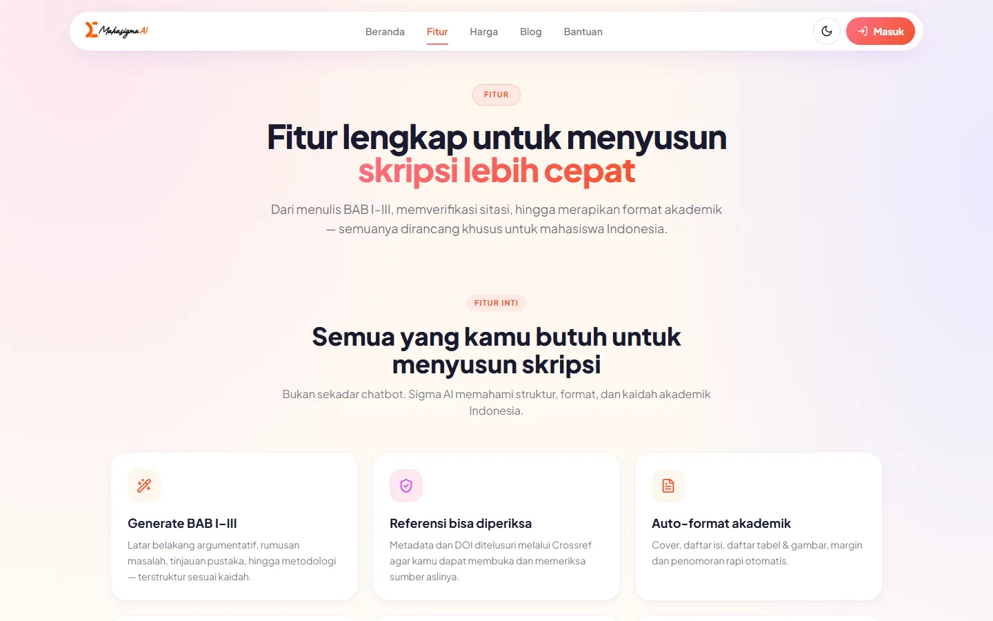 The features page: "Fitur lengkap untuk menyusun skripsi lebih cepat" above cards for chapter I–III generation, checkable references, and automatic academic formatting.