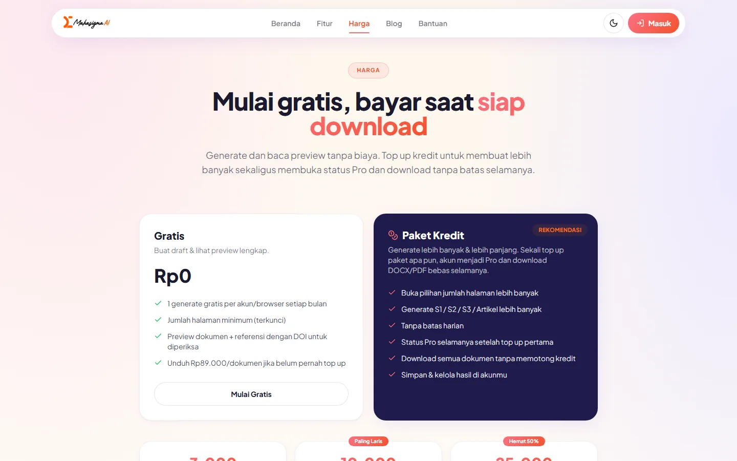 The pricing page: a free tier beside a recommended credit pack, each listing what it covers — preview drafting, DOCX and PDF export, no daily cap.
