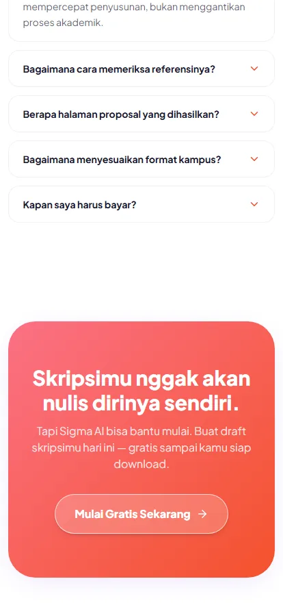 The same FAQ and closing call to action at phone width, questions stacked as full-width accordions.
