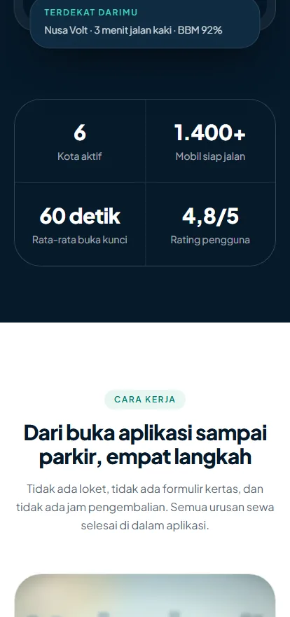 The service statistics and the four-step explanation at phone width, stacked into a single column.