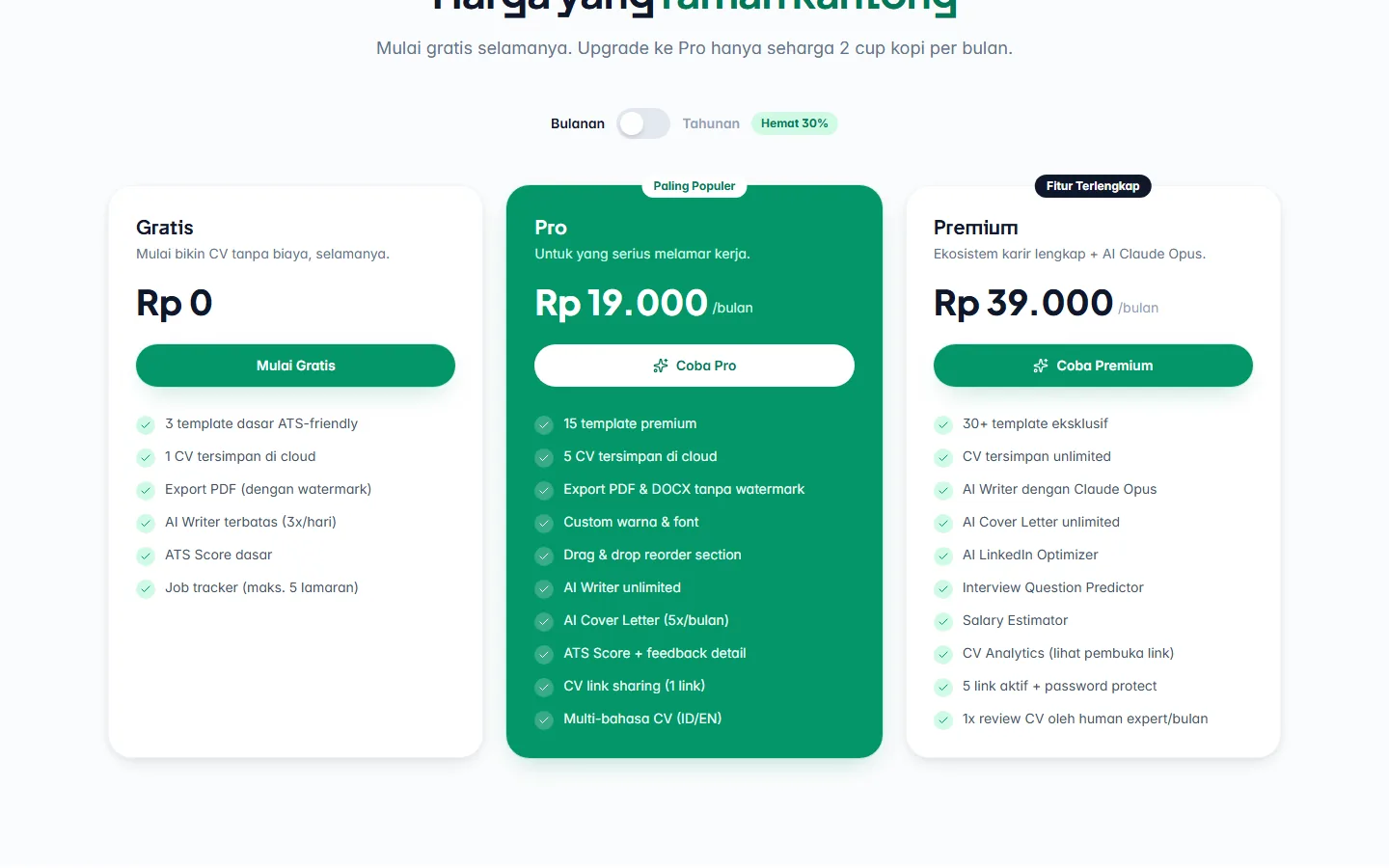 The pricing page: three tiers side by side with a monthly and yearly toggle, each listing exactly what it includes.