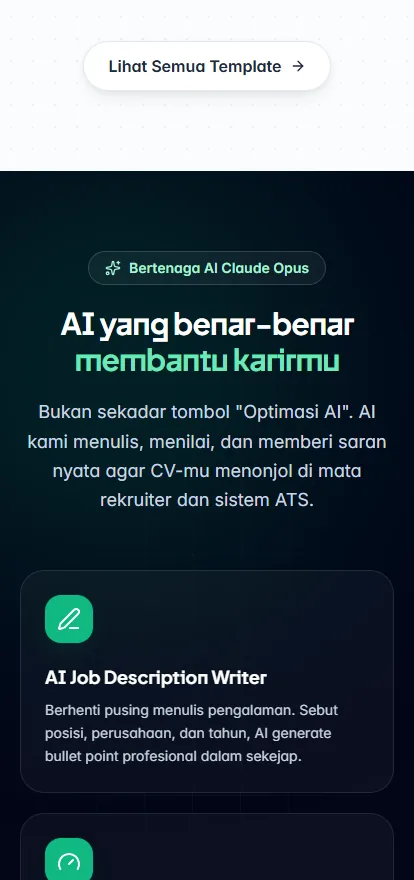The AI feature section at phone width, cards stacked full-width under a "Lihat Semua Template" action.