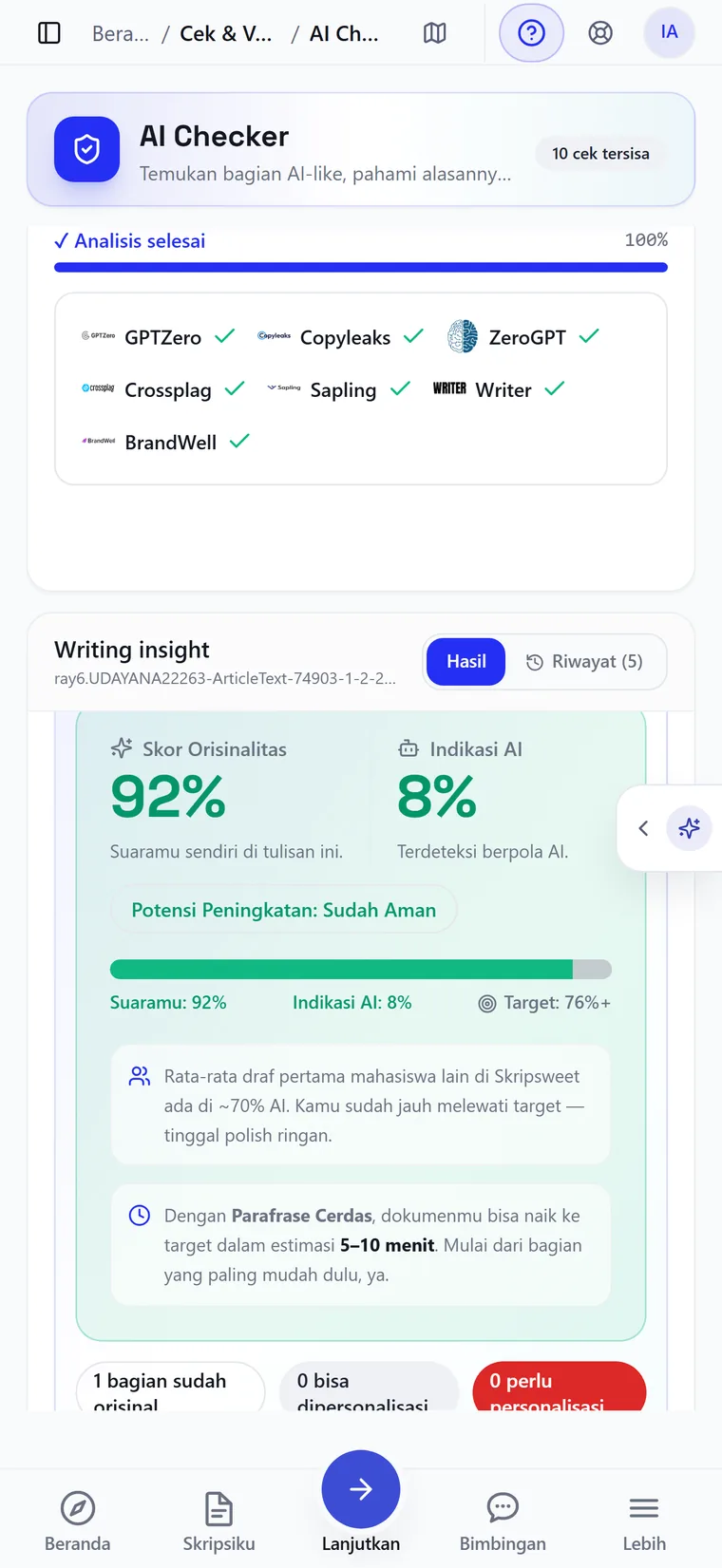 Mobile AI-detection screen reporting an originality score across several detectors, with a plain-language explanation of what the result means and what to do next.