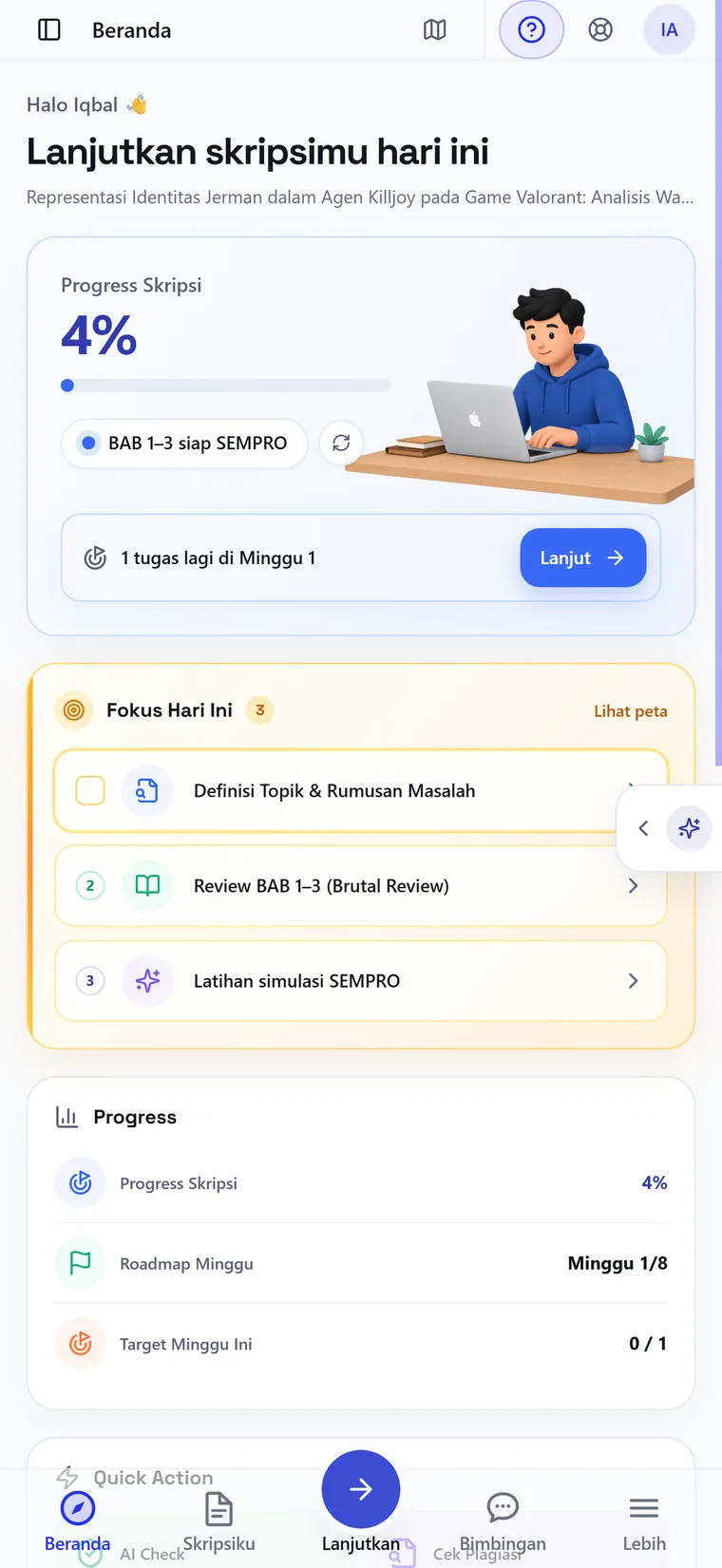 Mobile home screen headed “continue your thesis today” with a progress figure, a single primary Continue action, a short focus list for the day, and a five-slot bottom navigation bar where every icon carries a text label.