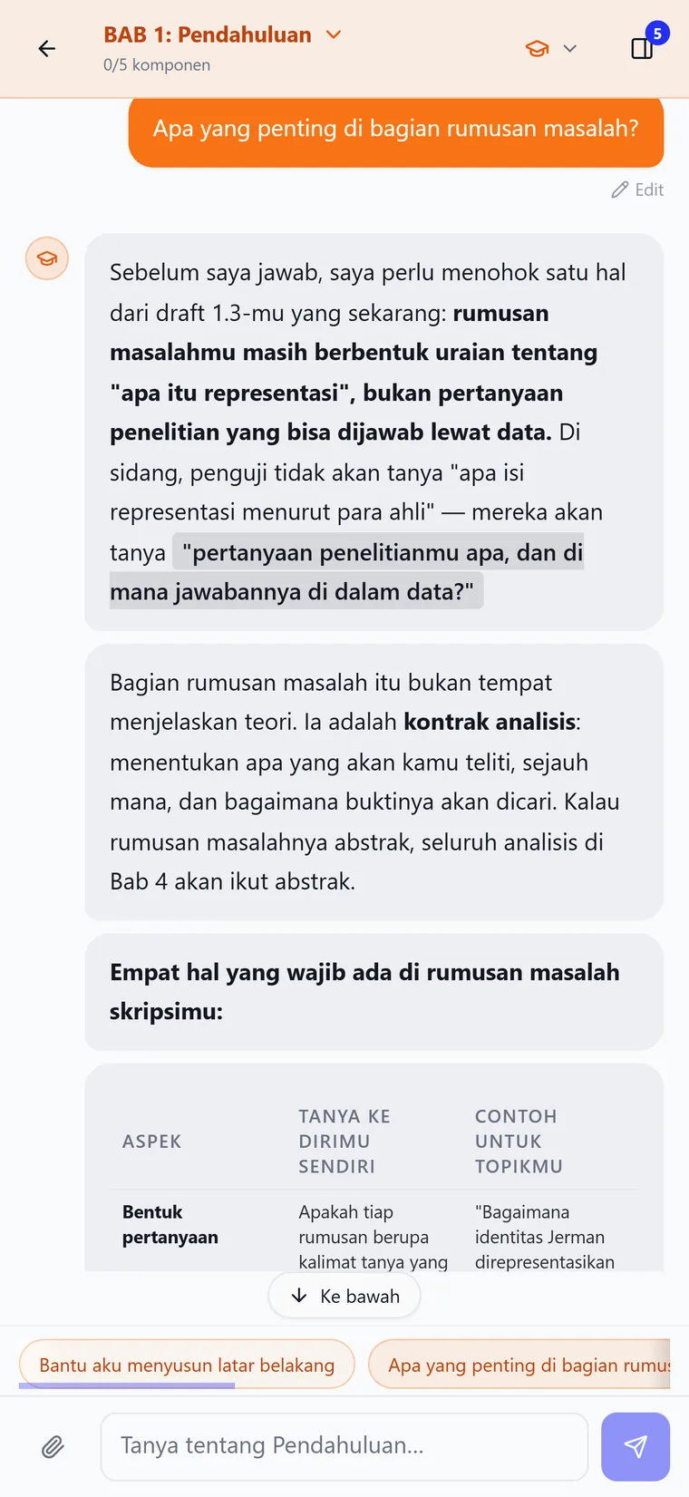Mobile AI mentor chat open on Chapter 1. The assistant answers with structural guidance about what a research question must contain, and offers a worked breakdown table, rather than supplying paragraphs to paste.