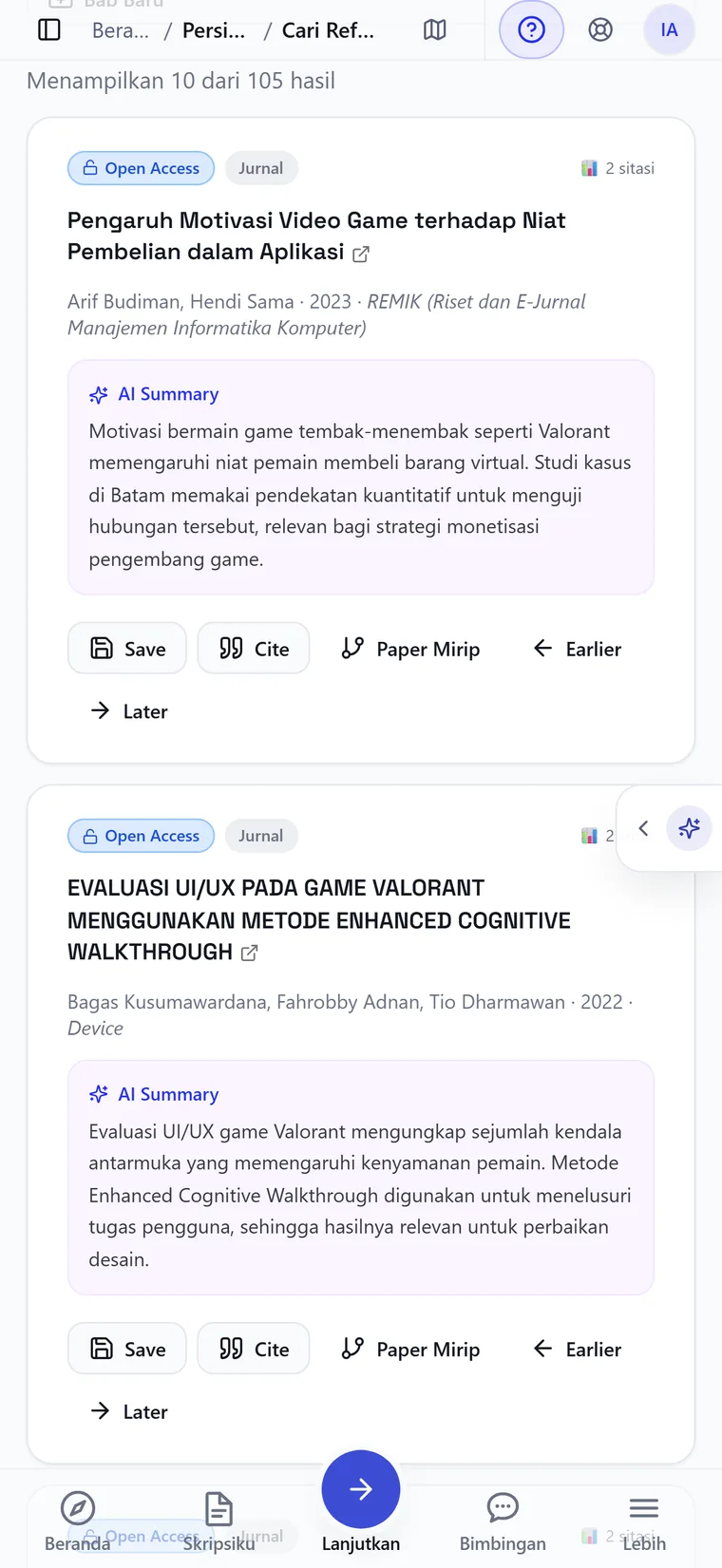 Mobile reference search results listing open-access journal articles with authors, year, source, a written summary of each paper’s relevance, and save, cite and similar-paper actions.