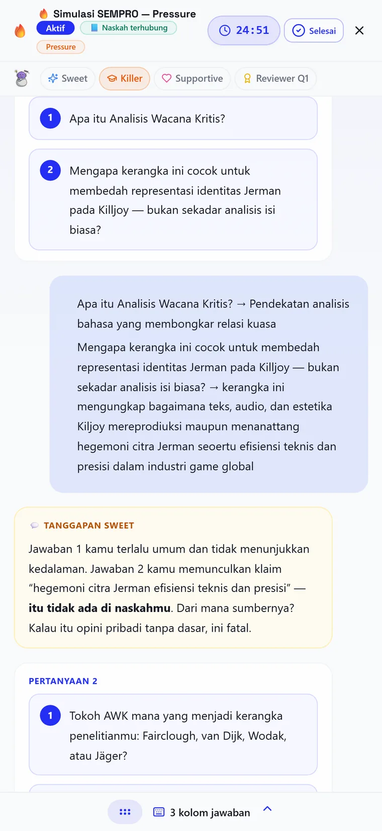 Mobile defense simulation running in pressure mode, with a live countdown timer, numbered examiner questions, the student’s answers, and a critical response identifying a claim the manuscript does not support.