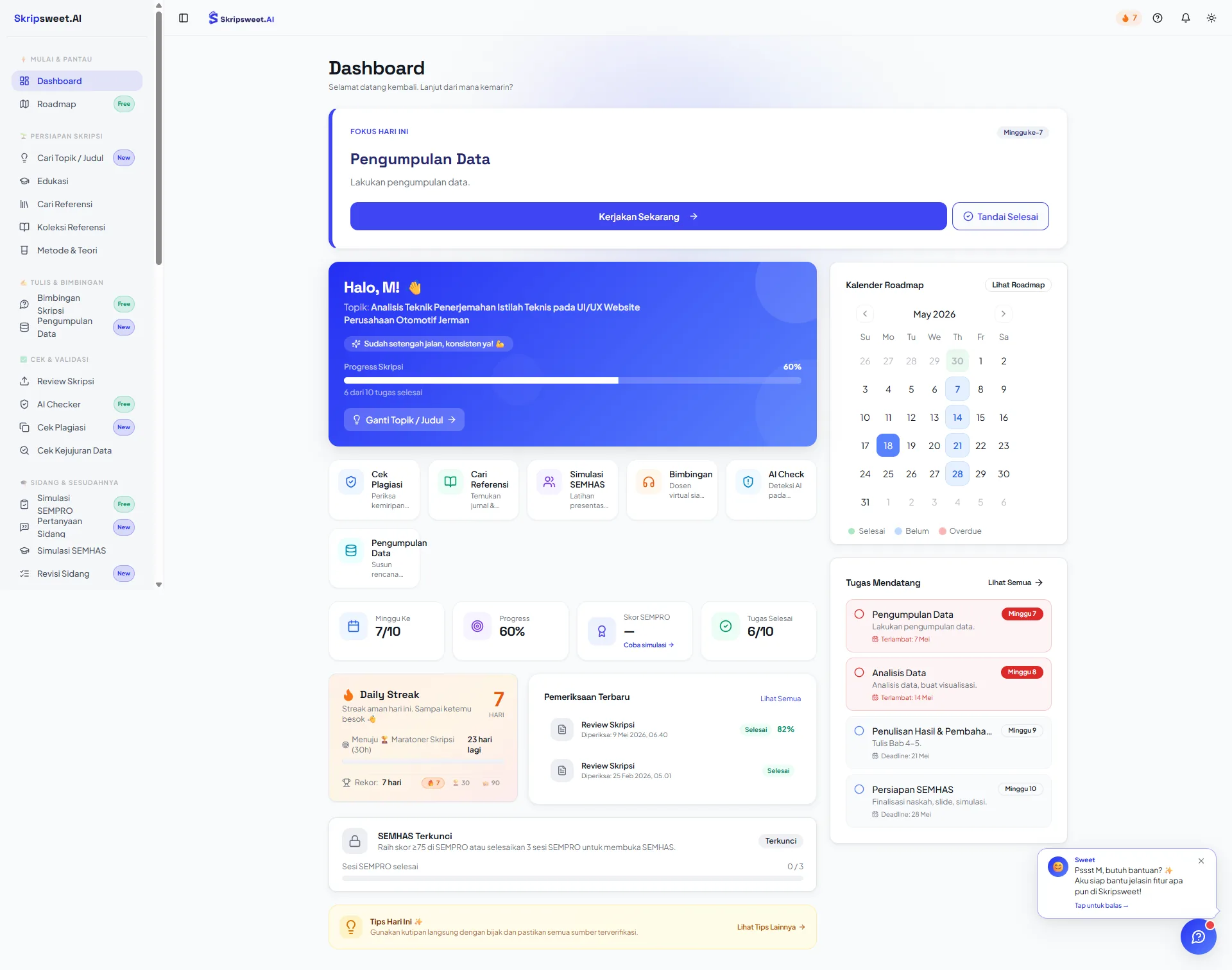Skripsweet desktop dashboard. A single "work on this now" panel sits above the fold, with a weekly roadmap calendar, progress ring, streak counter and upcoming tasks arranged around it. The left sidebar lists the seven ordered workflow steps.