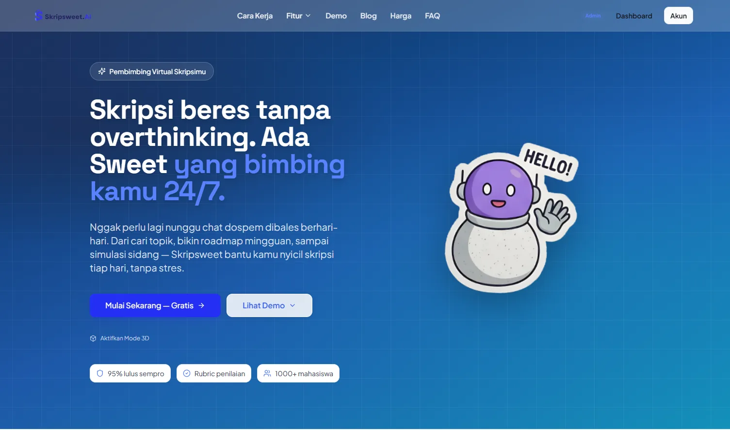 Skripsweet marketing site hero: a large headline promising daily accompaniment through the thesis, set next to the product mascot above a row of trust markers.